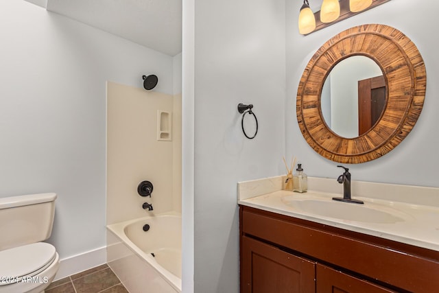 full bathroom with shower / washtub combination, tile patterned flooring, vanity, and toilet