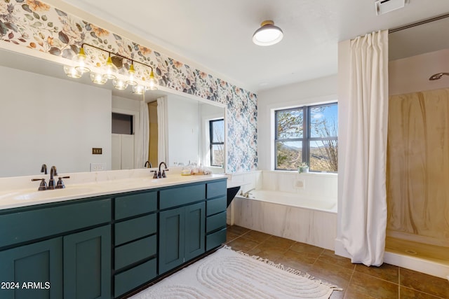 1060 S Kellis Rd, Wickenburg, AZ 85390 - full bathroom featuring a bath, tile patterned floors, double vanity, curtained shower, and wallpapered walls
