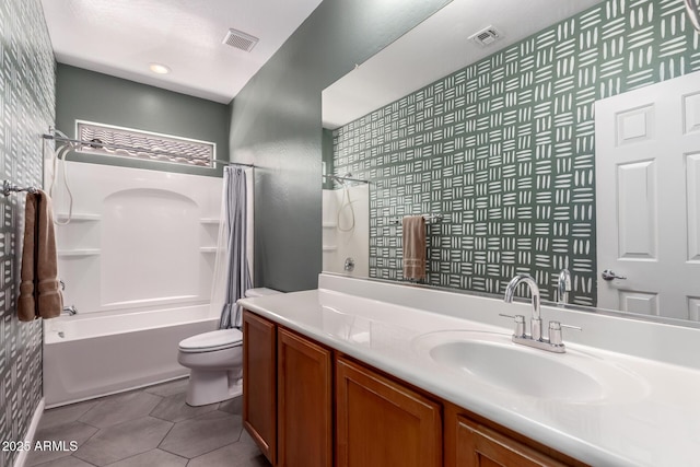 152 N 194th Ln, Buckeye, AZ 85326 - bathroom with shower / tub combo, visible vents, toilet, vanity, and tile patterned flooring