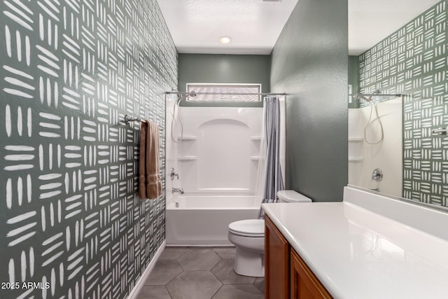 152 N 194th Ln, Buckeye, AZ 85326 - full bathroom with shower / tub combo, vanity, wallpapered walls, tile patterned flooring, and toilet