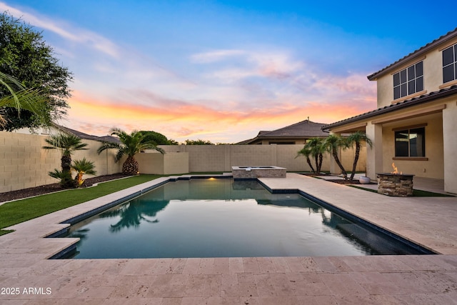 10331 E Starion Ave, Mesa, AZ 85212 - view of swimming pool featuring an outdoor fire pit, a fenced backyard, a patio, and a pool with connected hot tub