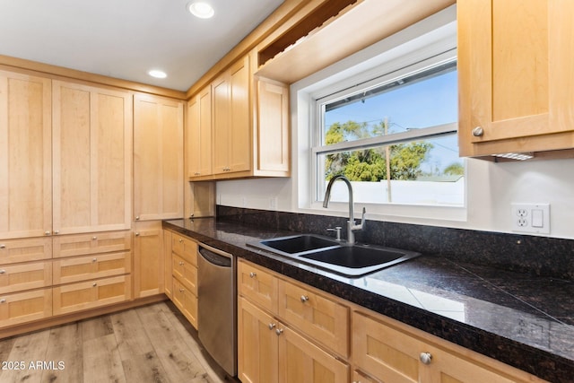 kitchen featuring sink, light hardwood / wood-style floors, dishwasher, and light brown cabinets