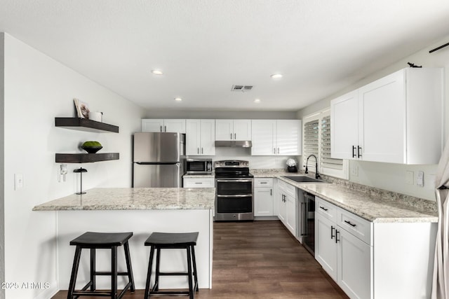 kitchen featuring a sink, white cabinetry, under cabinet range hood, stainless steel appliances, and visible vents