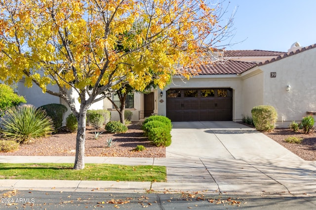 view of property hidden behind natural elements with a garage