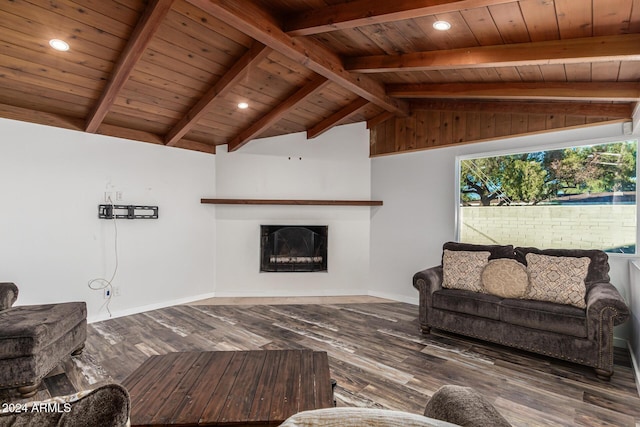 living room with wood finished floors, a fireplace, baseboards, wood ceiling, and vaulted ceiling with beams