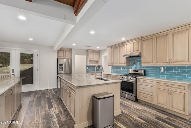 kitchen featuring under cabinet range hood, dark wood-style floors, appliances with stainless steel finishes, and a sink