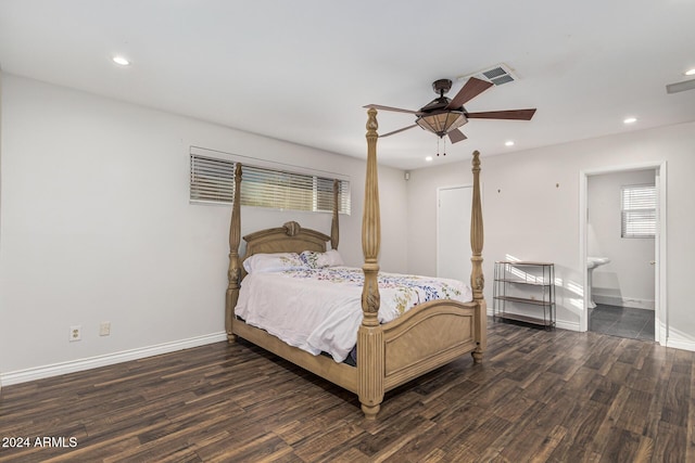 bedroom with visible vents, recessed lighting, wood finished floors, and baseboards