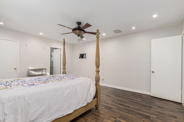 bedroom featuring visible vents, a ceiling fan, wood finished floors, recessed lighting, and baseboards