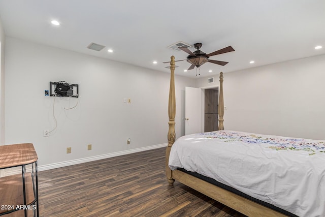 bedroom with recessed lighting, visible vents, baseboards, and dark wood-type flooring