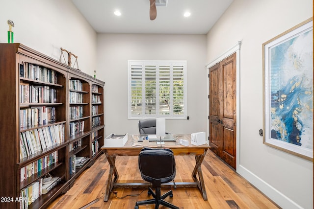 office area featuring ceiling fan and light hardwood / wood-style floors