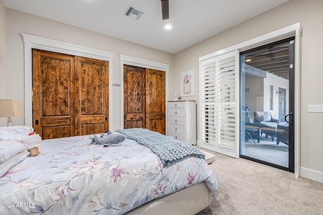 carpeted bedroom featuring ceiling fan and access to exterior