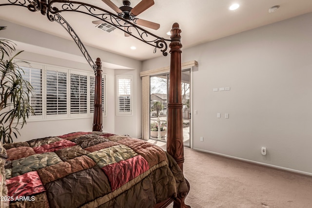 carpeted bedroom featuring access to outside and ceiling fan