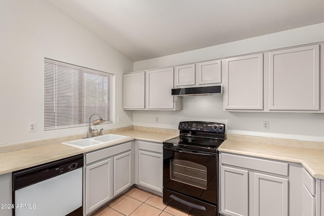 kitchen with white cabinetry, electric range, sink, white dishwasher, and lofted ceiling