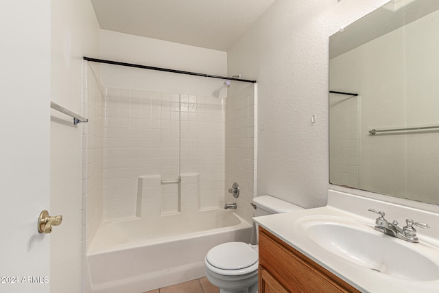 full bathroom featuring bathing tub / shower combination, tile patterned flooring, vanity, and toilet