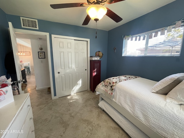 bedroom with a ceiling fan, a closet, and visible vents