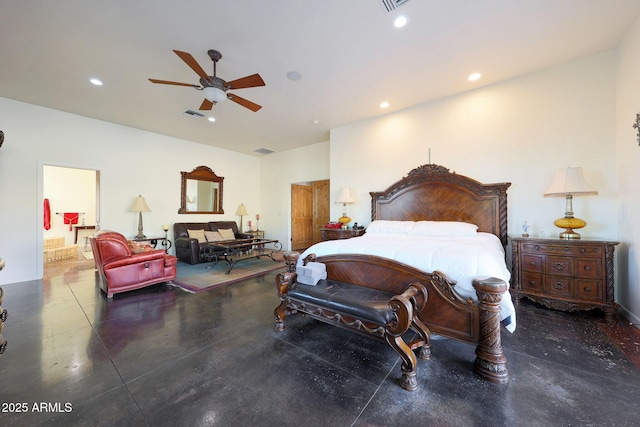 bedroom featuring ceiling fan and ensuite bathroom