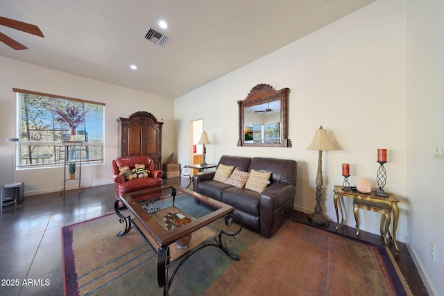 living room featuring ceiling fan