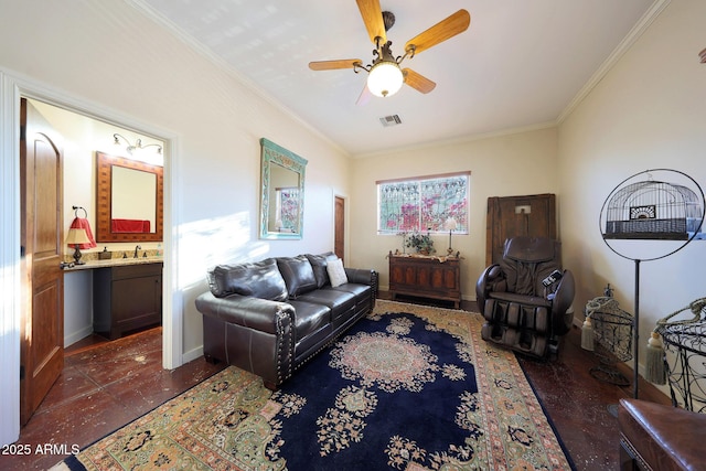 living room featuring ornamental molding, sink, and ceiling fan