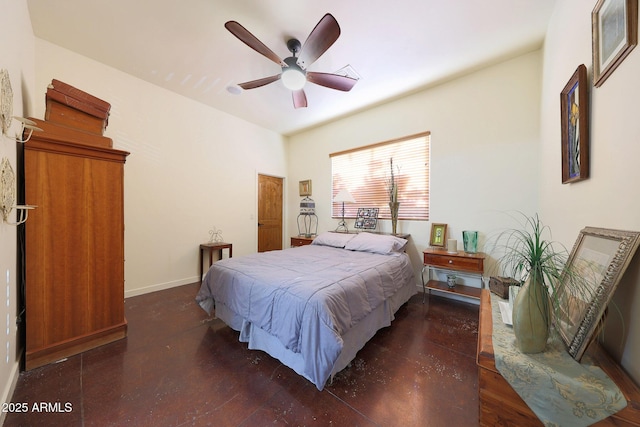 bedroom with dark wood-type flooring and ceiling fan