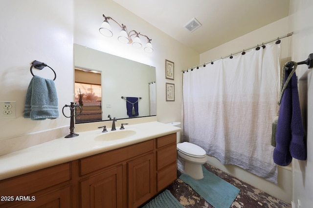 full bathroom with vanity, toilet, and shower / bathtub combination with curtain