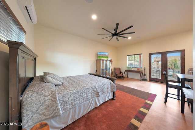 bedroom with lofted ceiling, access to outside, an AC wall unit, and ceiling fan