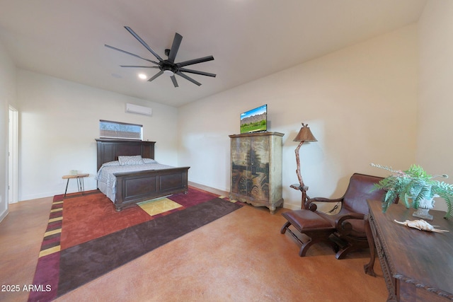 bedroom featuring ceiling fan, an AC wall unit, and dark carpet