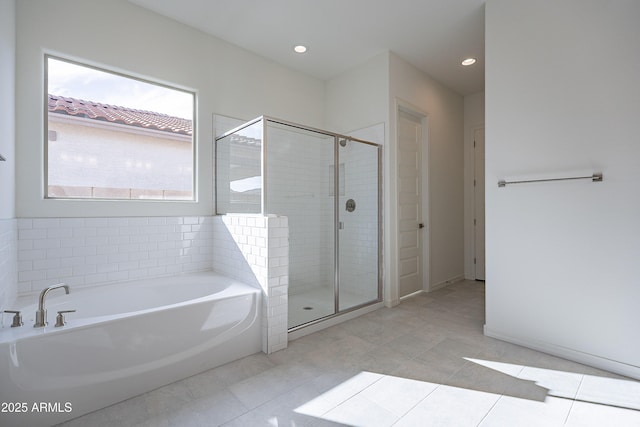 full bathroom featuring a garden tub, a stall shower, recessed lighting, and tile patterned flooring