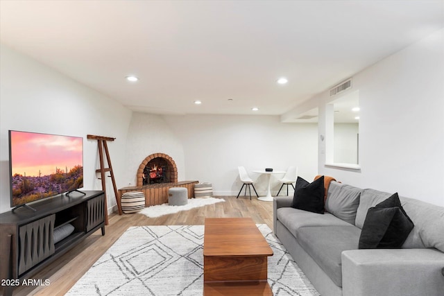 living room featuring a fireplace and light hardwood / wood-style floors