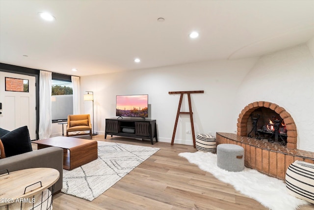 living room with a fireplace and light hardwood / wood-style flooring