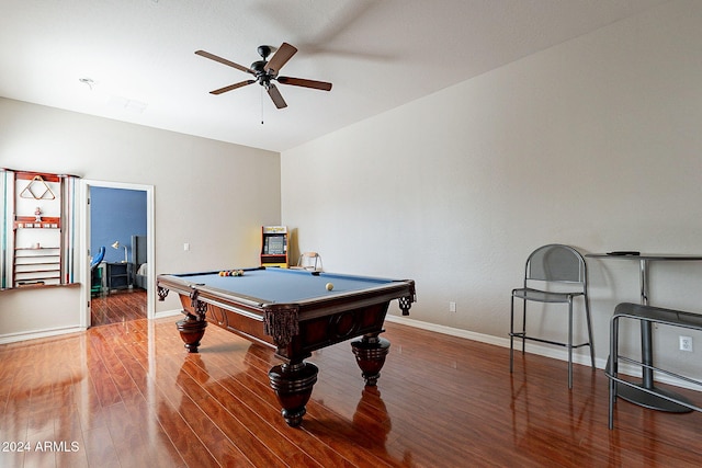 playroom with pool table, hardwood / wood-style flooring, and ceiling fan