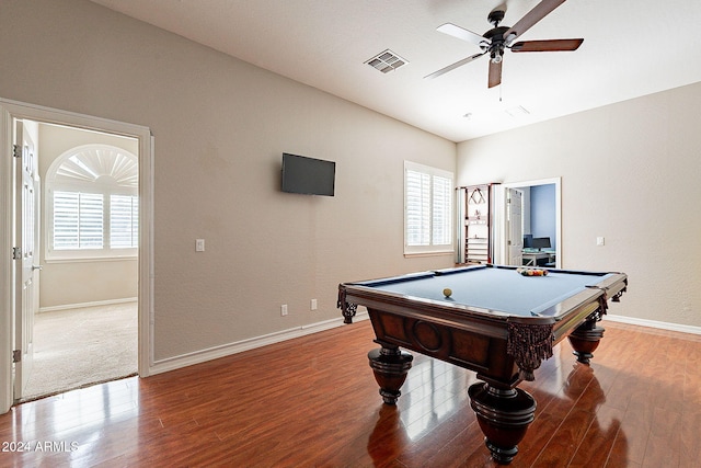 rec room with pool table, hardwood / wood-style floors, and ceiling fan