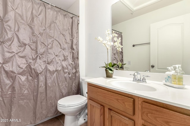 full bath with vanity, a shower with shower curtain, toilet, and tile patterned flooring