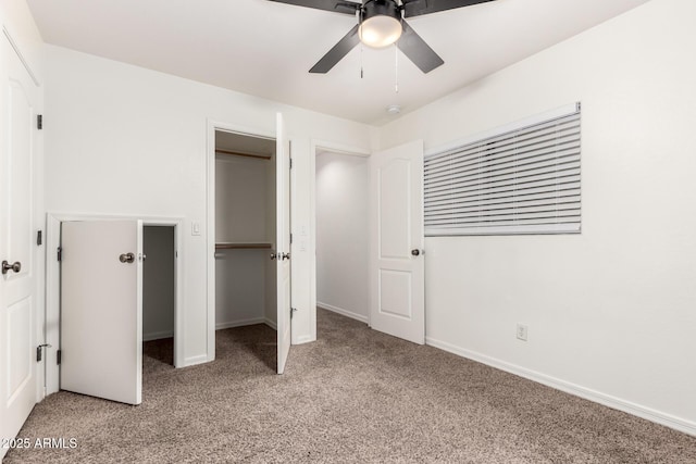 unfurnished bedroom featuring baseboards, light carpet, and a ceiling fan