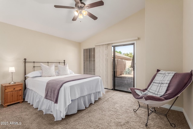 bedroom with lofted ceiling, access to outside, baseboards, light colored carpet, and ceiling fan