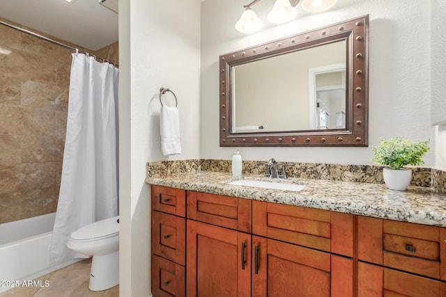 bathroom with tile patterned floors, toilet, vanity, and shower / tub combo with curtain