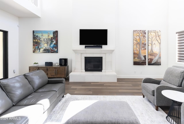 living room featuring a tiled fireplace and hardwood / wood-style floors