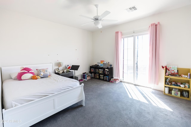 carpeted bedroom featuring ceiling fan and access to exterior