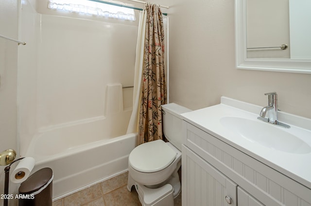 full bathroom with tile patterned flooring, toilet, vanity, and shower / bath combination with curtain