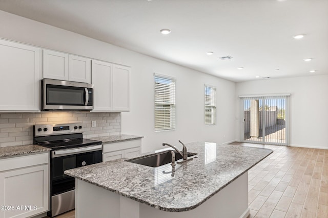 kitchen featuring decorative backsplash, white cabinets, appliances with stainless steel finishes, and a sink