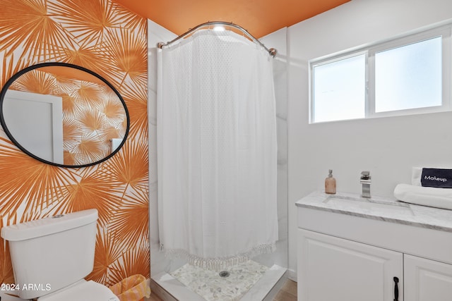 bathroom with vanity, a shower with curtain, and toilet