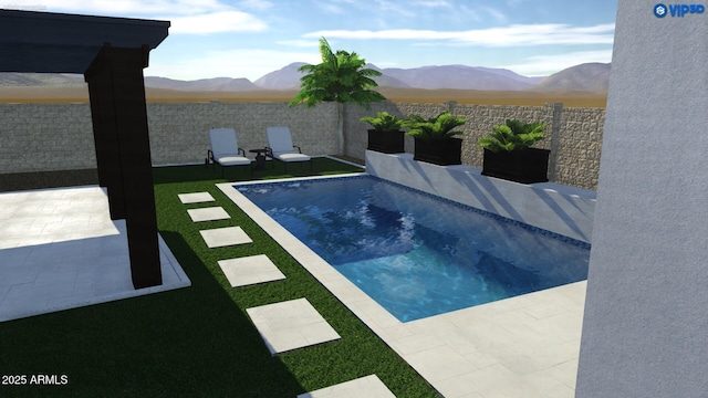 view of pool featuring a mountain view and a patio