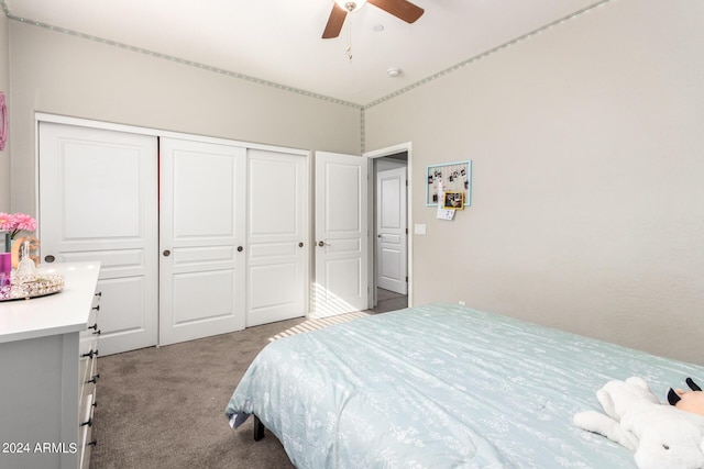 bedroom with light colored carpet, a closet, and ceiling fan
