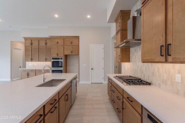 kitchen featuring backsplash, sink, wall chimney range hood, and stainless steel appliances