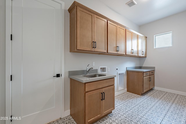 laundry area with cabinets, washer hookup, electric dryer hookup, and sink