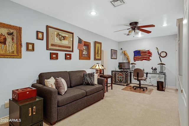 living room featuring recessed lighting, carpet floors, visible vents, and ceiling fan