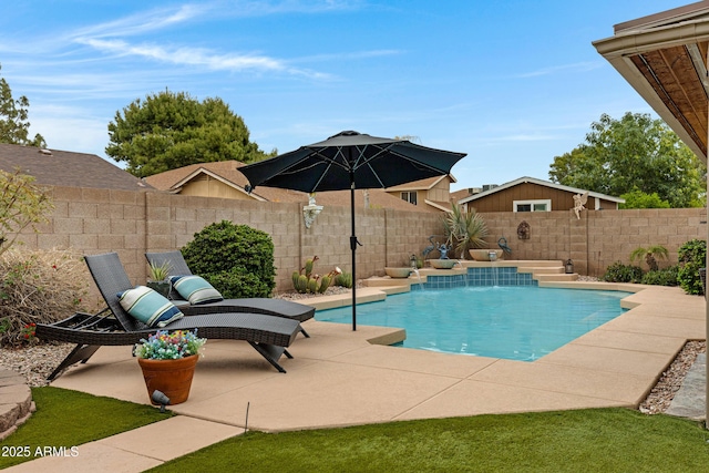 view of pool with a fenced in pool, a patio, and a fenced backyard