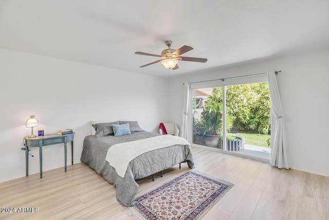 bedroom featuring ceiling fan and light wood-type flooring