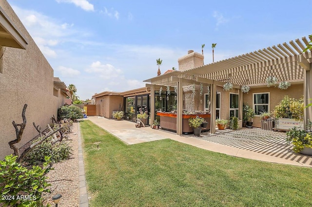 view of yard with a pergola, a hot tub, and a patio area