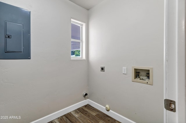 5345 E Mclellan Rd Unit 123, Mesa, AZ 85205 - laundry room featuring electric panel, hookup for a washing machine, baseboards, dark wood finished floors, and hookup for an electric dryer