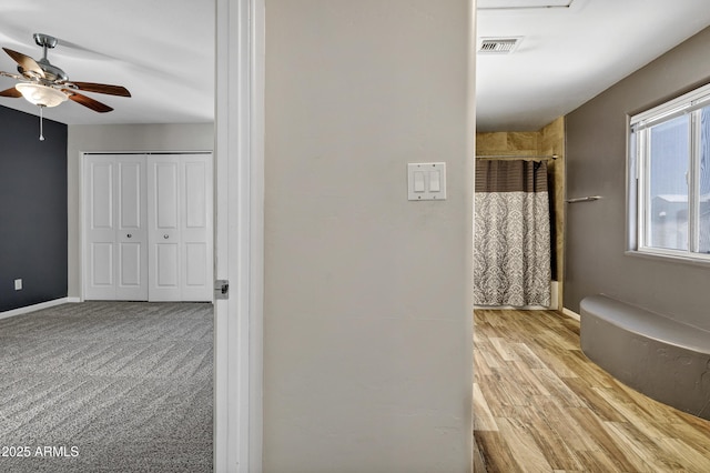 5345 E Mclellan Rd Unit 123, Mesa, AZ 85205 - bathroom featuring ceiling fan, curtained shower, baseboards, and a bathtub